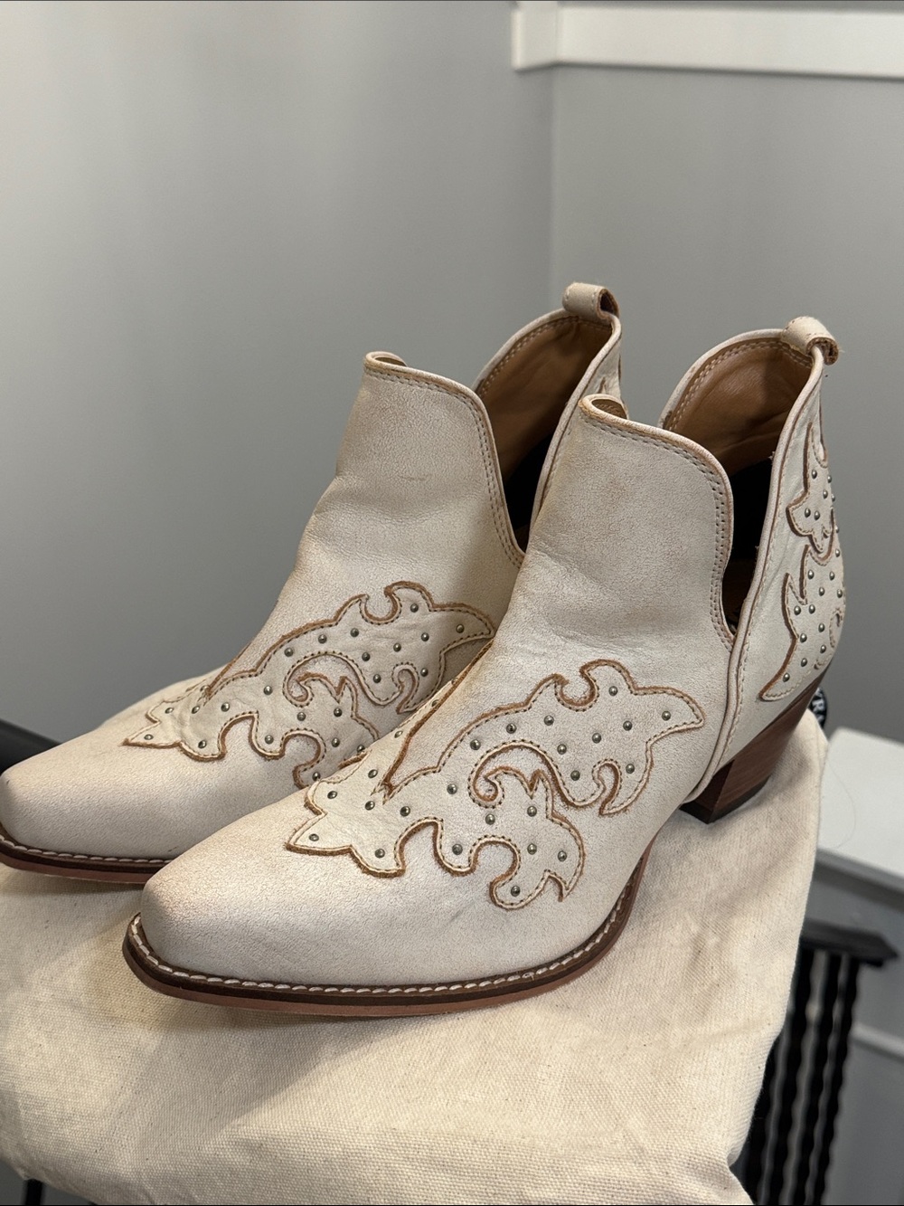 Myra Cream Leather Western Ankle Booties with Embroidered Stud Detail